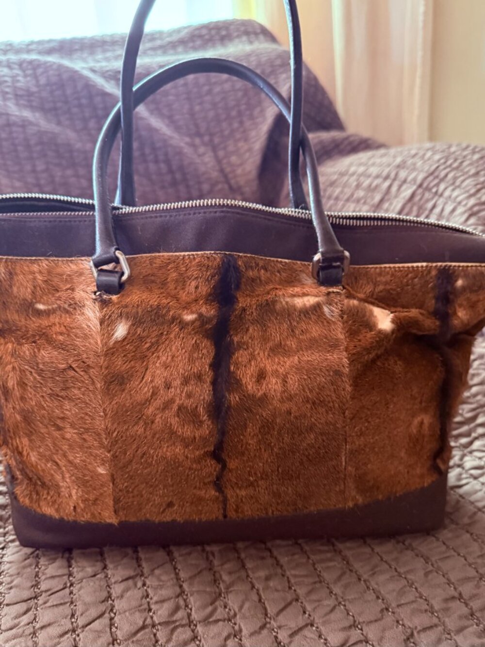 MIU MIU Hair On Vintage Handbag with Leather Handles and Fabric bottom and top - Picture 3 of 16
